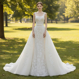 Square Neck Mermaid Lace Wedding Dress with Detachable Train - Rosymae