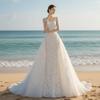 Square Neck Mermaid Lace Wedding Dress with Detachable Train - Rosymae