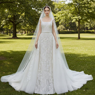 Square Neck Mermaid Lace Wedding Dress with Detachable Train - Rosymae