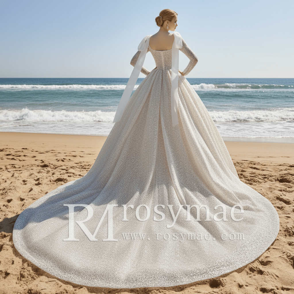 Square Neck Sequin Wedding Dress Ball Gown with Long Sleeves - Rosymae