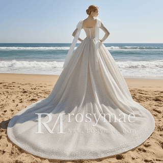 Square Neck Sequin Wedding Dress Ball Gown with Long Sleeves - Rosymae