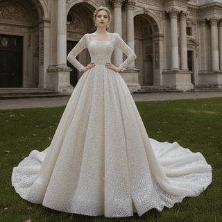 Square Neck Sequin Wedding Dress Ball Gown with Long Sleeves - Rosymae