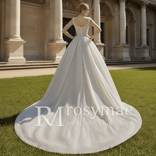Square Neck Sequin Wedding Dress Ball Gown with Long Sleeves - Rosymae