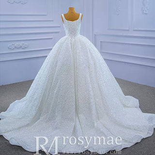 Square Neck Sparkly Ball Gown Wedding Dresses Beaded Bridal Gowns - Rosymae