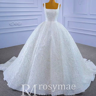 Square Neck Sparkly Ball Gown Wedding Dresses Beaded Bridal Gowns - Rosymae