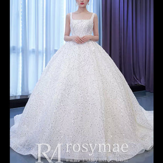 Square Neck Sparkly Ball Gown Wedding Dresses Beaded Bridal Gowns - Rosymae