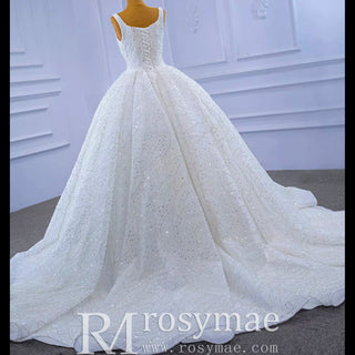 Square Neck Sparkly Ball Gown Wedding Dresses Beaded Bridal Gowns - Rosymae