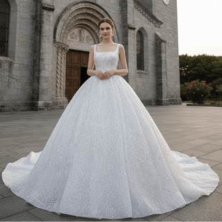 Square Neck Sparkly Ball Gown Wedding Dresses Beaded Bridal Gowns - Rosymae