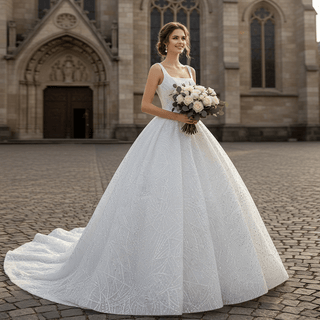 Square Neck Sparkly Ball Gown Wedding Dresses Beaded Bridal Gowns - Rosymae