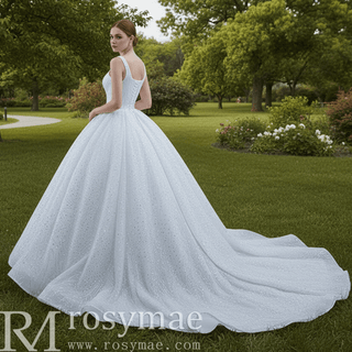 Square Neck Sparkly Ball Gown Wedding Dresses Beaded Bridal Gowns - Rosymae