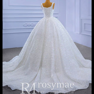 Square Neck Sparkly Ball Gown Wedding Dresses Beaded Bridal Gowns - Rosymae