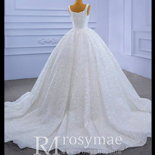 Square Neck Sparkly Ball Gown Wedding Dresses Beaded Bridal Gowns - Rosymae