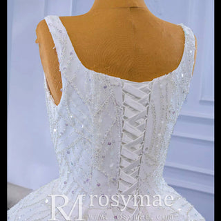 Square Neck Sparkly Ball Gown Wedding Dresses Beaded Bridal Gowns - Rosymae