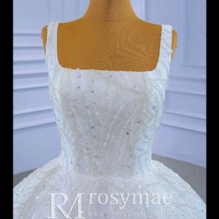 Square Neck Sparkly Ball Gown Wedding Dresses Beaded Bridal Gowns - Rosymae