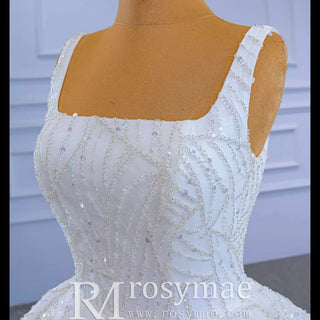 Square Neck Sparkly Ball Gown Wedding Dresses Beaded Bridal Gowns - Rosymae