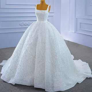 Square Neck Sparkly Ball Gown Wedding Dresses Beaded Bridal Gowns - Rosymae