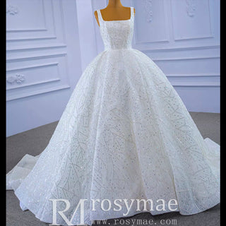Square Neck Sparkly Ball Gown Wedding Dresses Beaded Bridal Gowns - Rosymae