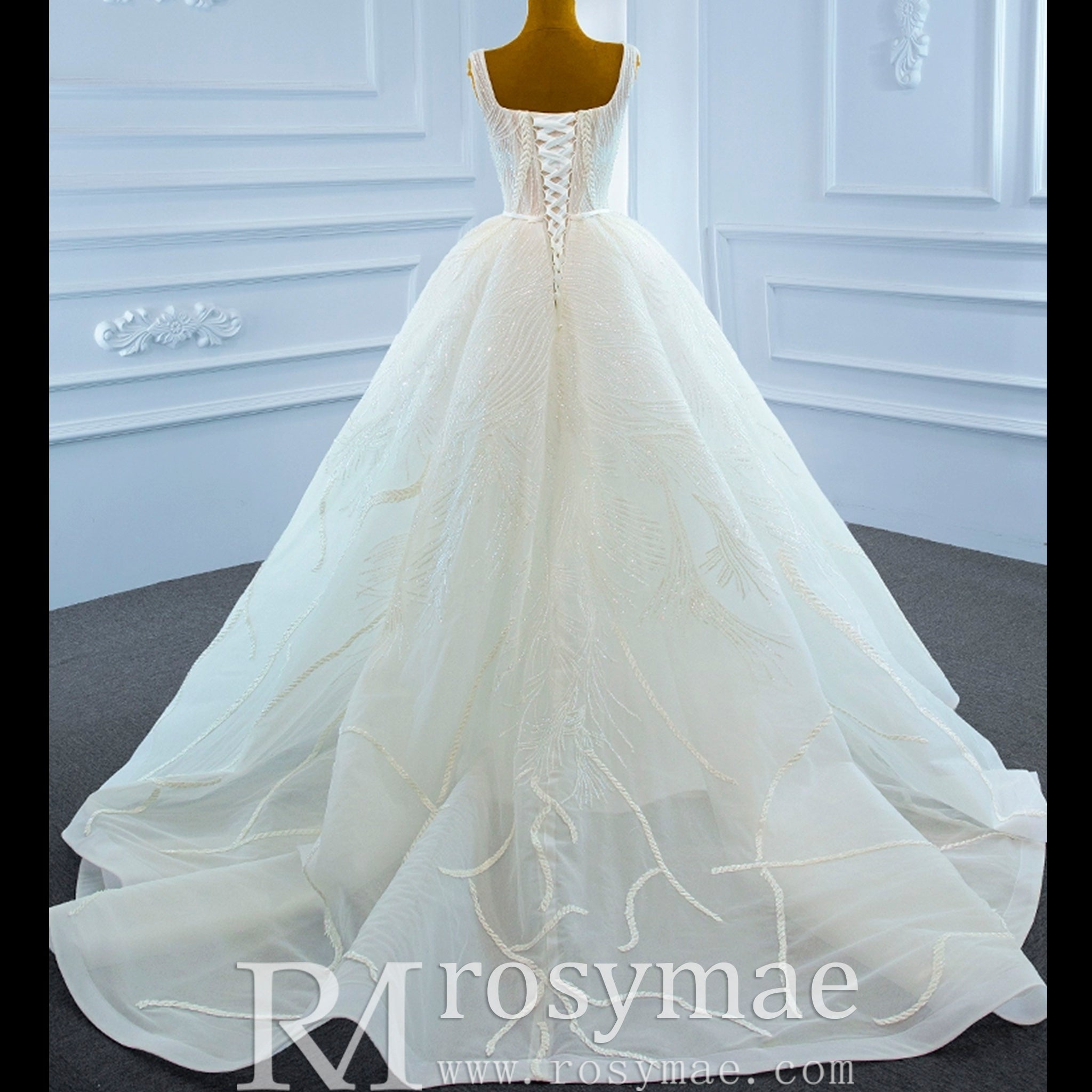 Square Neck Sparkly Lace A-line Wedding Dress with Leg Slit - Rosymae
