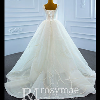 Square Neck Sparkly Lace A-line Wedding Dress with Leg Slit - Rosymae
