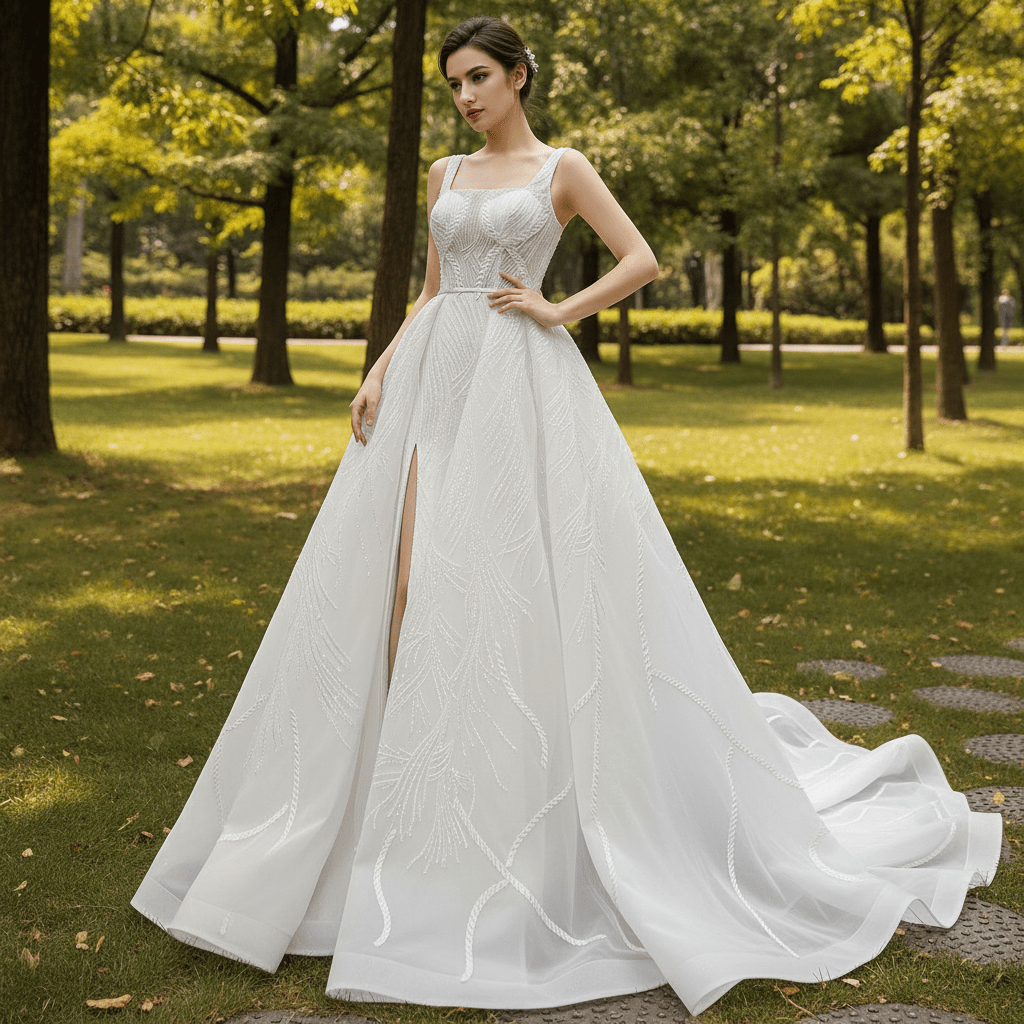 Square Neck Sparkly Lace A-line Wedding Dress with Leg Slit - Rosymae