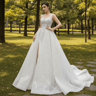 Square Neck Sparkly Lace A-line Wedding Dress with Leg Slit - Rosymae