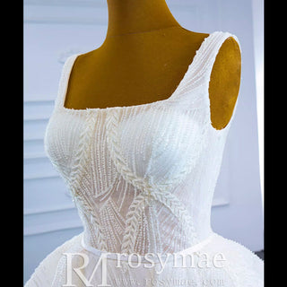 Square Neck Sparkly Lace A-line Wedding Dress with Leg Slit - Rosymae