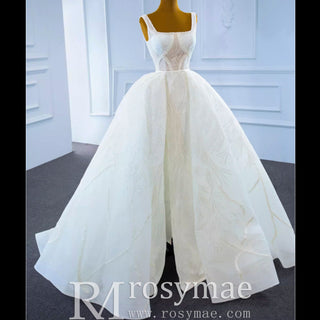 Square Neck Sparkly Lace A-line Wedding Dress with Leg Slit - Rosymae