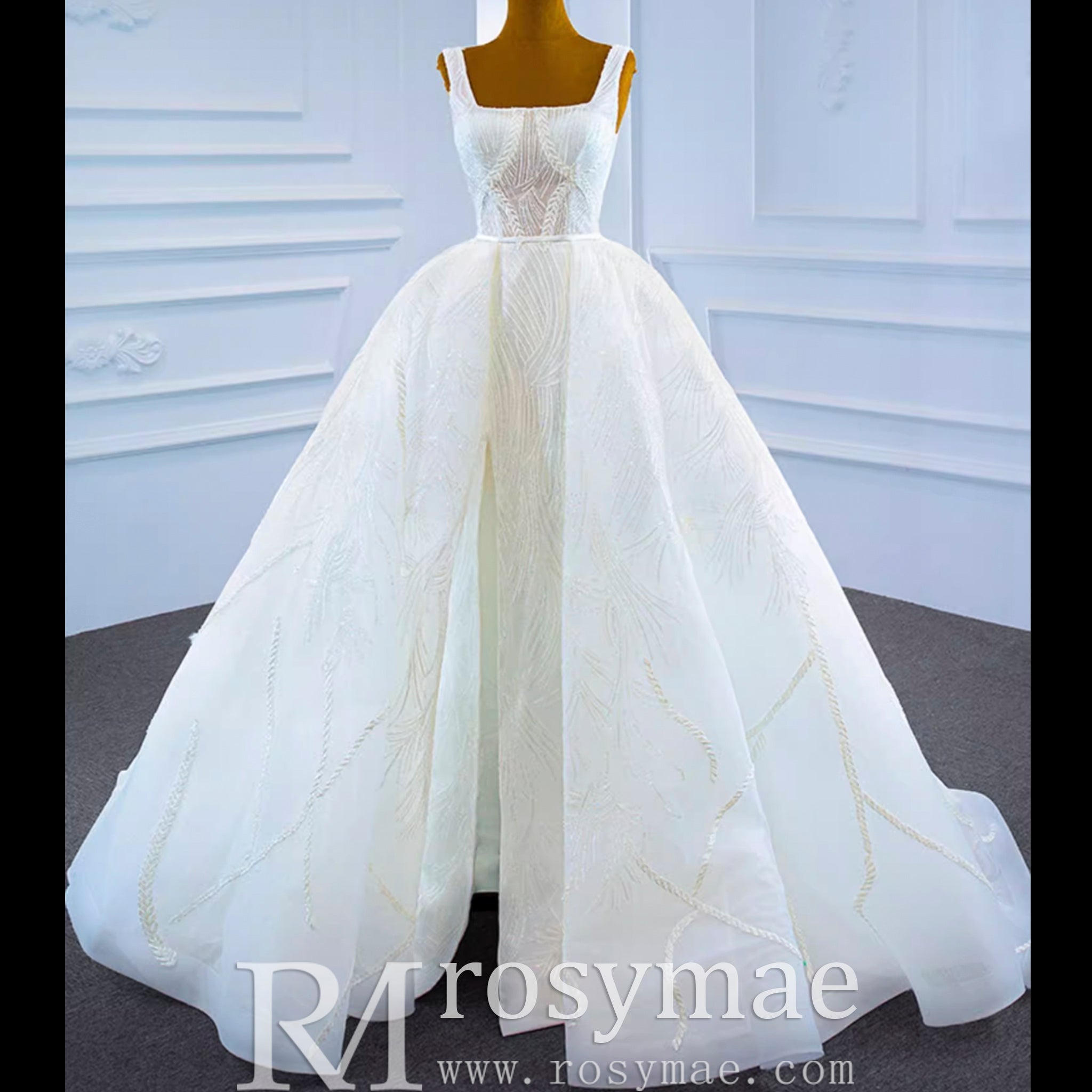 Square Neck Sparkly Lace A-line Wedding Dress with Leg Slit - Rosymae