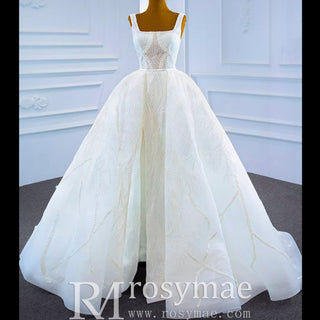 Square Neck Sparkly Lace A-line Wedding Dress with Leg Slit - Rosymae