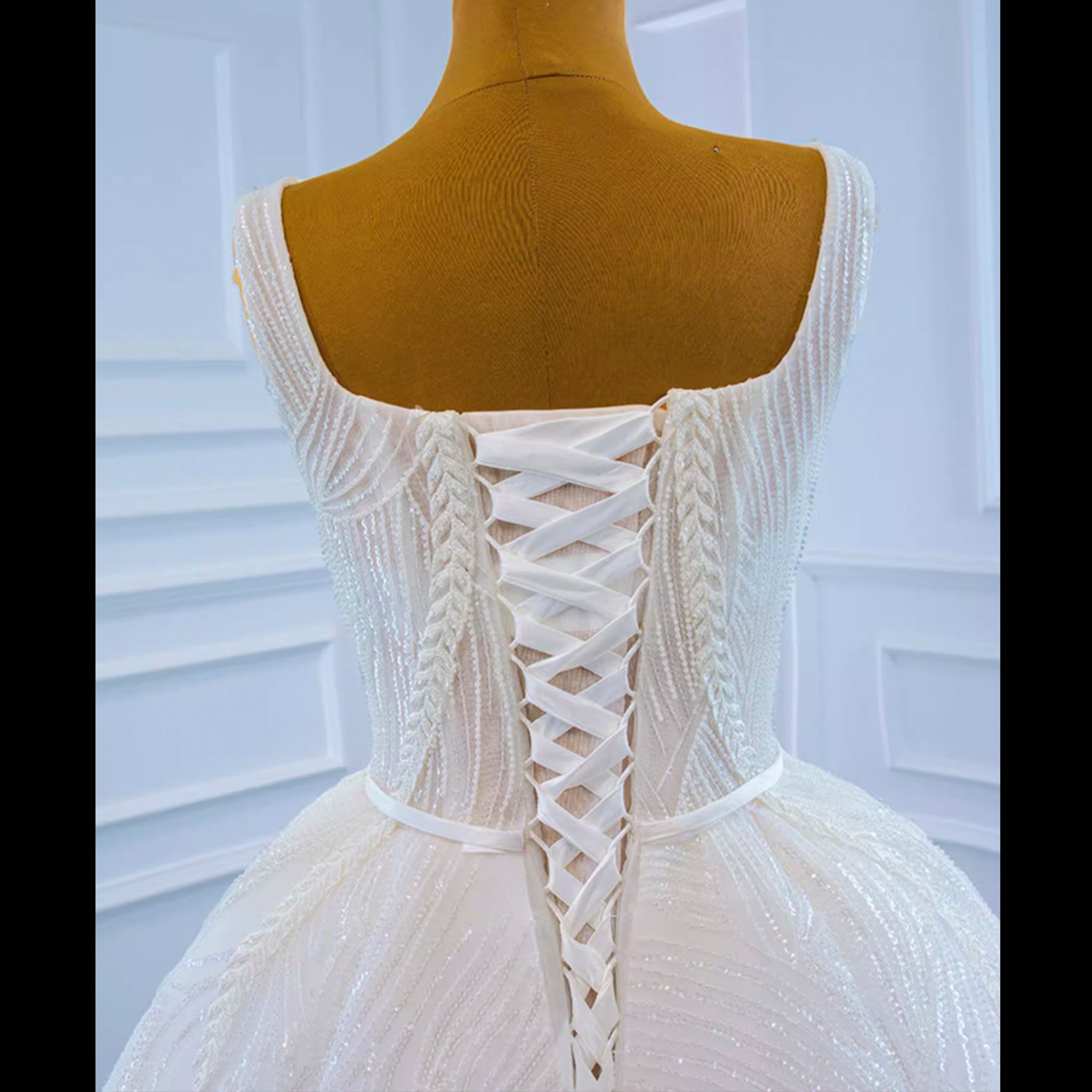 Square Neck Sparkly Lace A-line Wedding Dress with Leg Slit - Rosymae