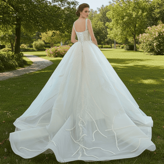 Square Neck Sparkly Lace A-line Wedding Dress with Leg Slit - Rosymae