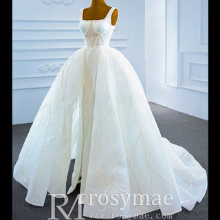 Square Neck Sparkly Lace A-line Wedding Dress with Leg Slit - Rosymae