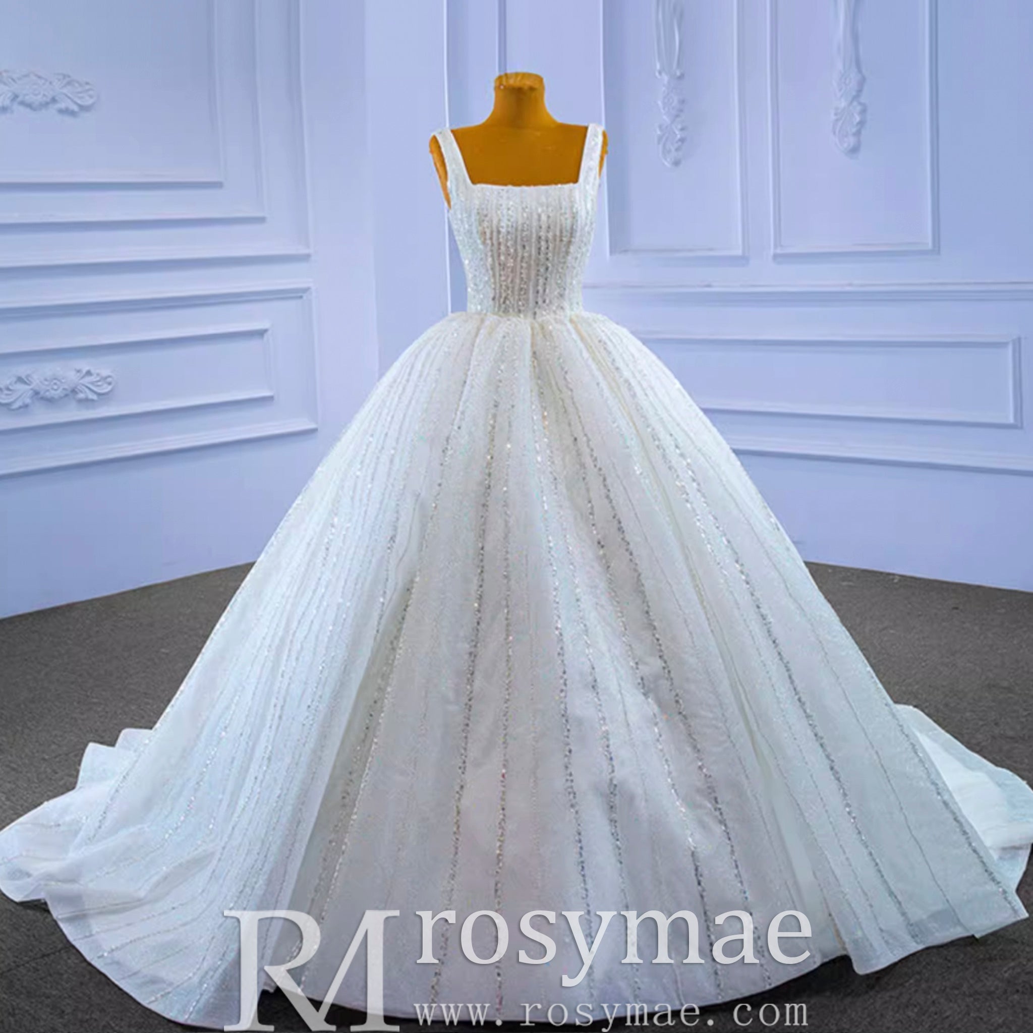 Square Neck Wedding Dress Beaded Sparkly Bridal Gowns - Rosymae