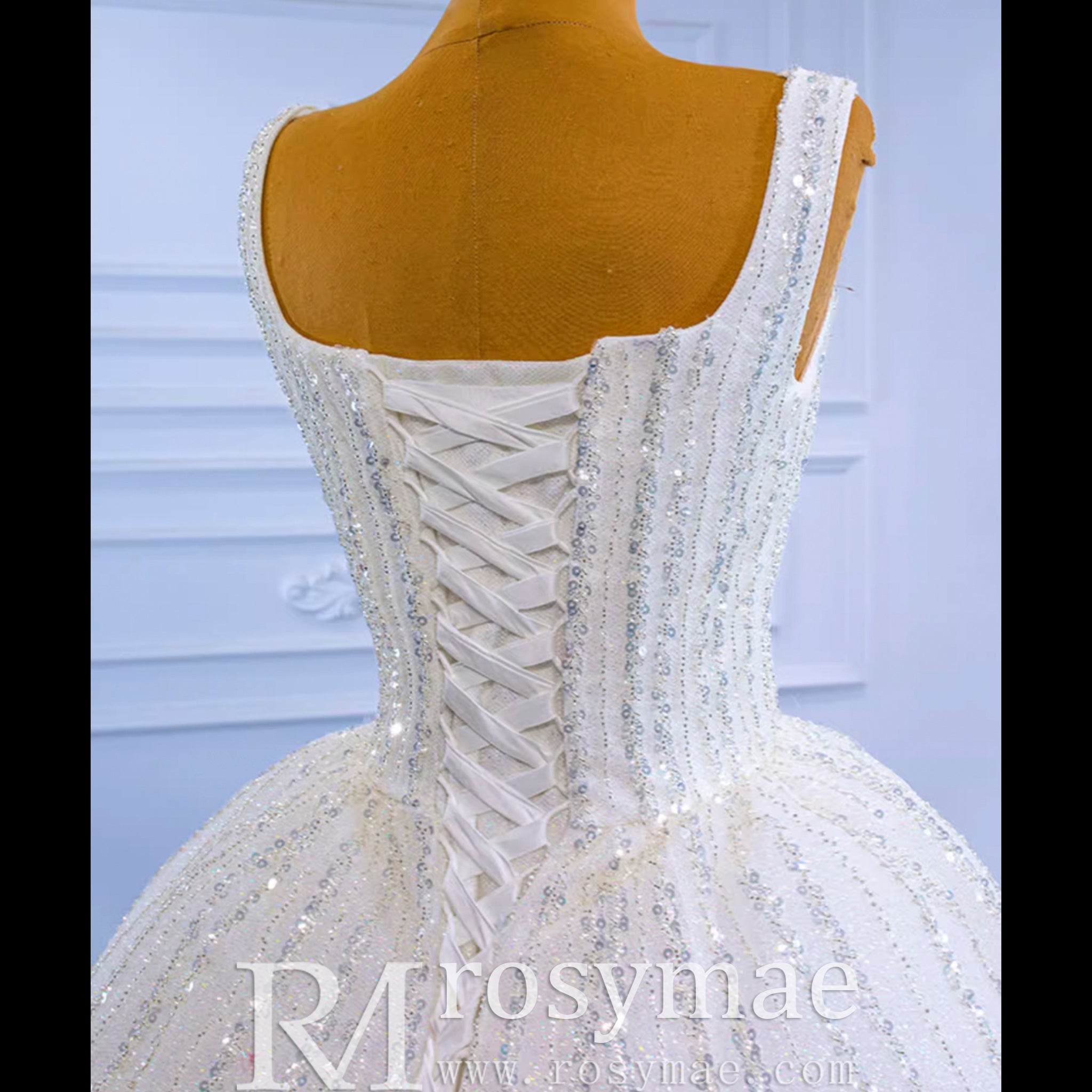 Square Neck Wedding Dress Beaded Sparkly Bridal Gowns - Rosymae