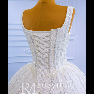 Square Neck Wedding Dress Beaded Sparkly Bridal Gowns - Rosymae