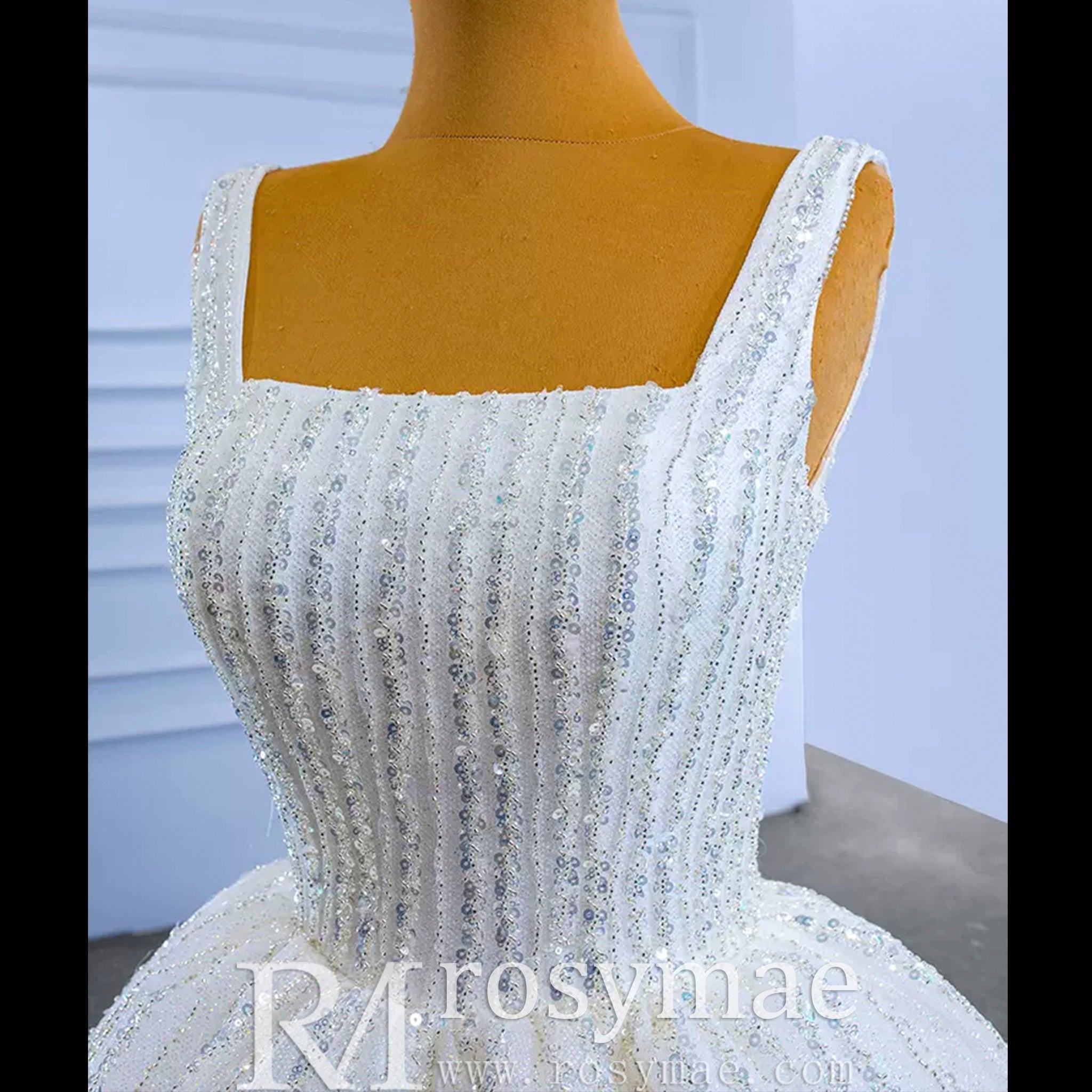 Square Neck Wedding Dress Beaded Sparkly Bridal Gowns - Rosymae
