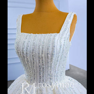 Square Neck Wedding Dress Beaded Sparkly Bridal Gowns - Rosymae