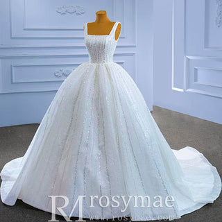 Square Neck Wedding Dress Beaded Sparkly Bridal Gowns - Rosymae