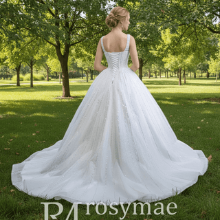 Square Neck Wedding Dress Beaded Sparkly Bridal Gowns - Rosymae