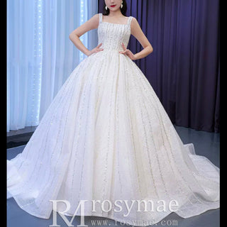 Square Neck Wedding Dress Beaded Sparkly Bridal Gowns - Rosymae