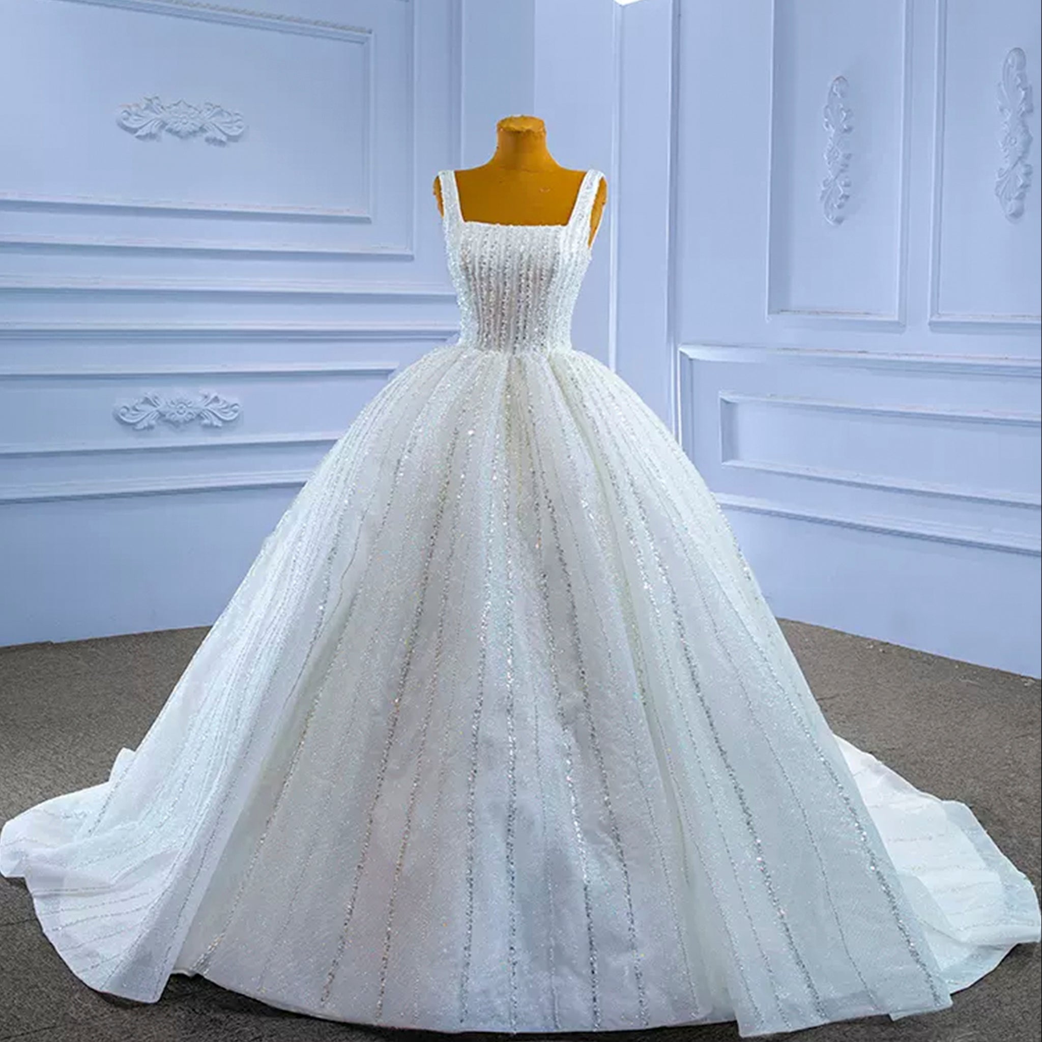 Square Neck Wedding Dress Beaded Sparkly Bridal Gowns - Rosymae