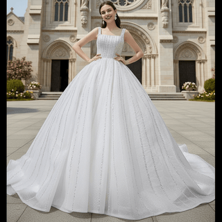 Square Neck Wedding Dress Beaded Sparkly Bridal Gowns - Rosymae