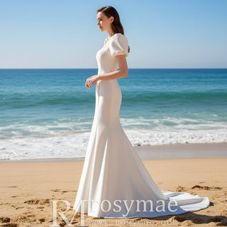 Square Neck Wedding dress With Short Sleeves - Rosymae