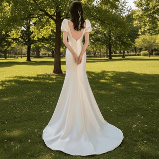 Square Neck Wedding dress With Short Sleeves - Rosymae