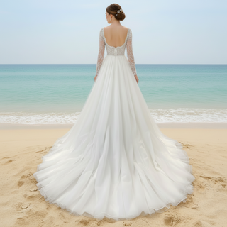 Gorgeous Square Neckline Wedding Dresses with Long Sleeves for Bride