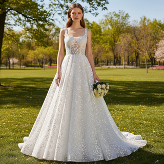 Elegant Square Neck A Line Lace Wedding Dress with Low Back