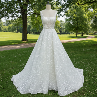 Elegant Square Neck A Line Lace Wedding Dress with Low Back