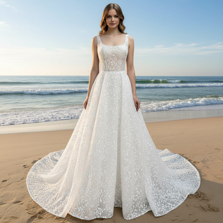 Elegant Square Neck A Line Lace Wedding Dress with Low Back