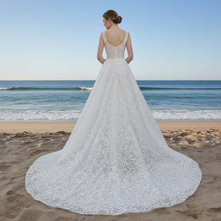 Elegant Square Neck A Line Lace Wedding Dress with Low Back