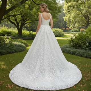Elegant Square Neck A Line Lace Wedding Dress with Low Back